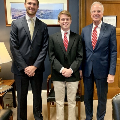 Jace speaking with Senator Moran about the Department of Defense cancer research funding