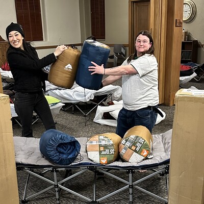 Unpacking donations is a team effort